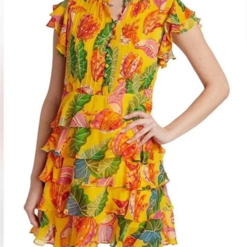 Farm Rio Beaks & Bananas Mini Dress LARGE Colorful Tropical Tiered Pleated